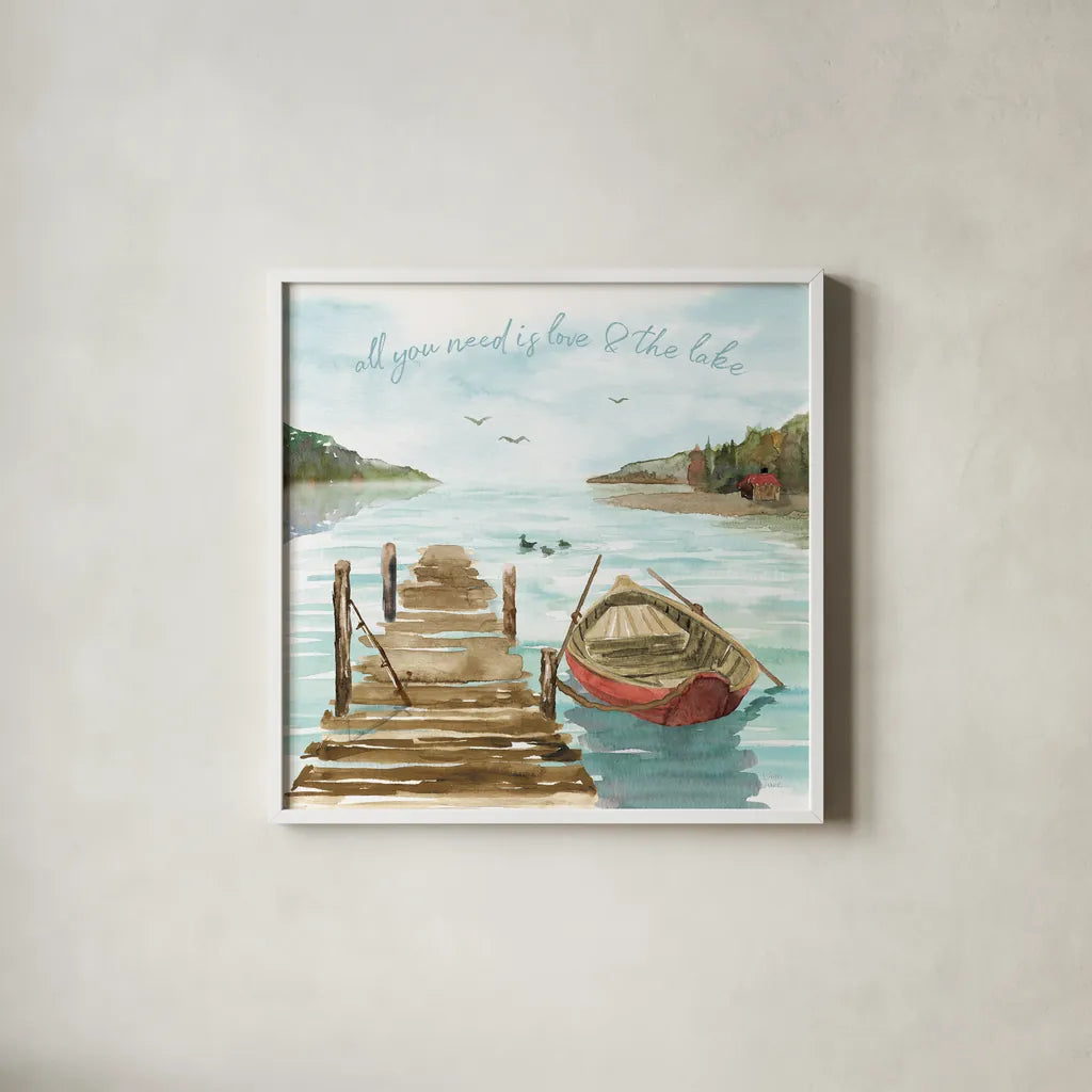 Lake Love II by Dina June. Shown in a crisp white glass frame for a clean and minimalist style. Available as an archival giclee rolled canvas, fine art paper, or poster print. SKU 67271a.