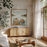 Lake Love II by Dina June. Shown in a natural wood frame in a cozy modern living room. Available as an archival giclee rolled canvas, fine art paper, or poster print. SKU 67271a.