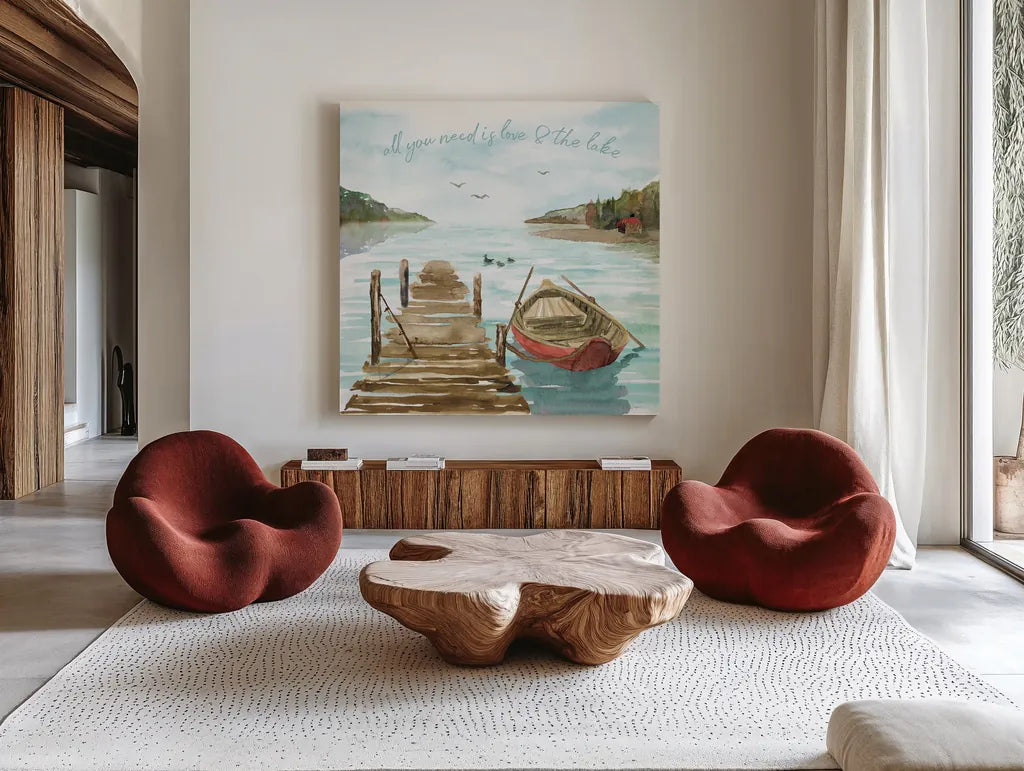 Lake Love II by Dina June. Shown as extra-large giant wall art in a modern living room. Available as an archival giclee rolled canvas, fine art paper, or poster print. SKU 67271a.