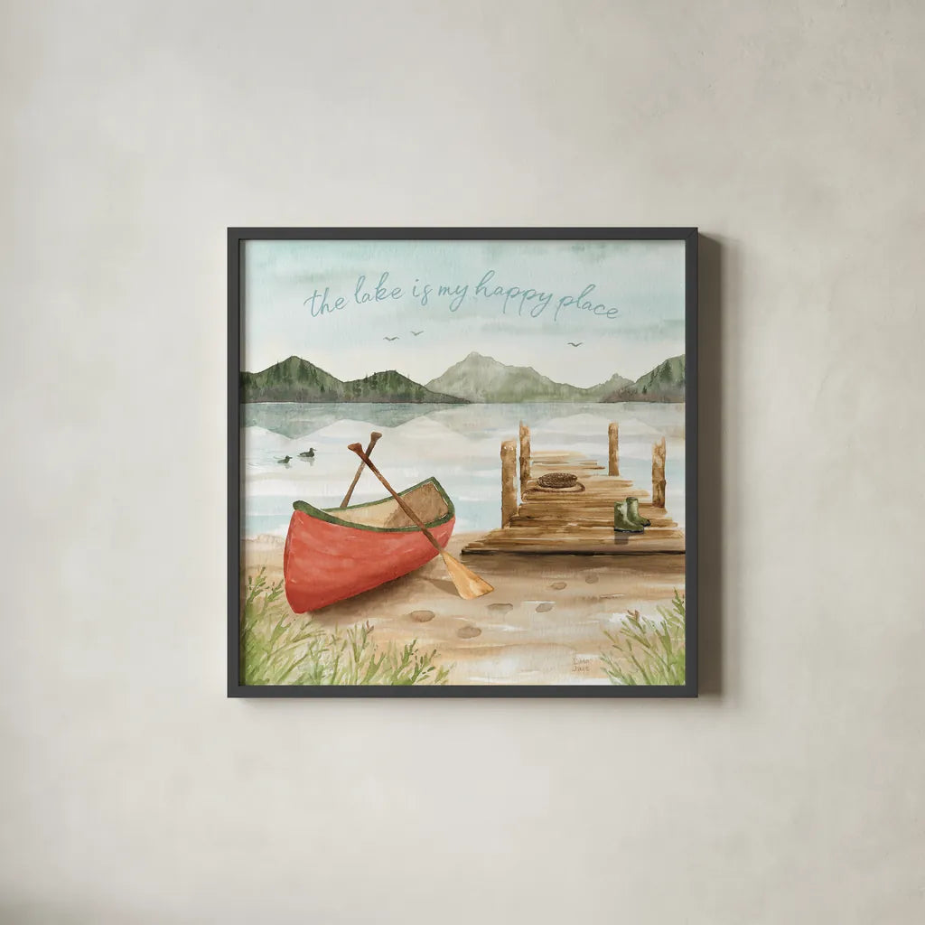 Lake Love III by Dina June. Shown in a sleek black glass frame for a contemporary gallery look. Available as an archival giclee rolled canvas, fine art paper, or poster print. SKU 67272a.