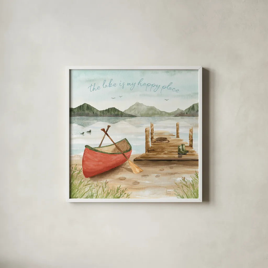 Lake Love III by Dina June. Shown in a crisp white glass frame for a clean and minimalist style. Available as an archival giclee rolled canvas, fine art paper, or poster print. SKU 67272a.