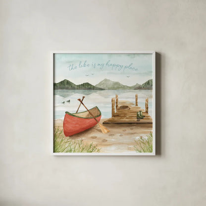 Lake Love III by Dina June. Shown in a crisp white glass frame for a clean and minimalist style. Available as an archival giclee rolled canvas, fine art paper, or poster print. SKU 67272a.