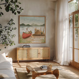 Lake Love III by Dina June. Shown in a natural wood frame in a cozy modern living room. Available as an archival giclee rolled canvas, fine art paper, or poster print. SKU 67272a.