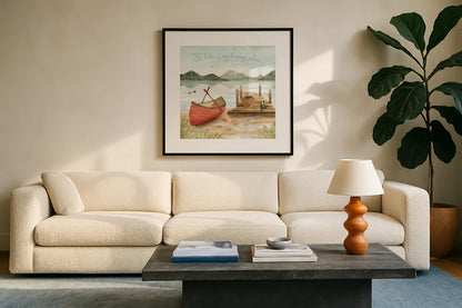 Lake Love III by Dina June. Displayed in a glass frame with matte in a clean modern living room. Available as an archival giclee rolled canvas, fine art paper, or poster print. SKU 67272a.