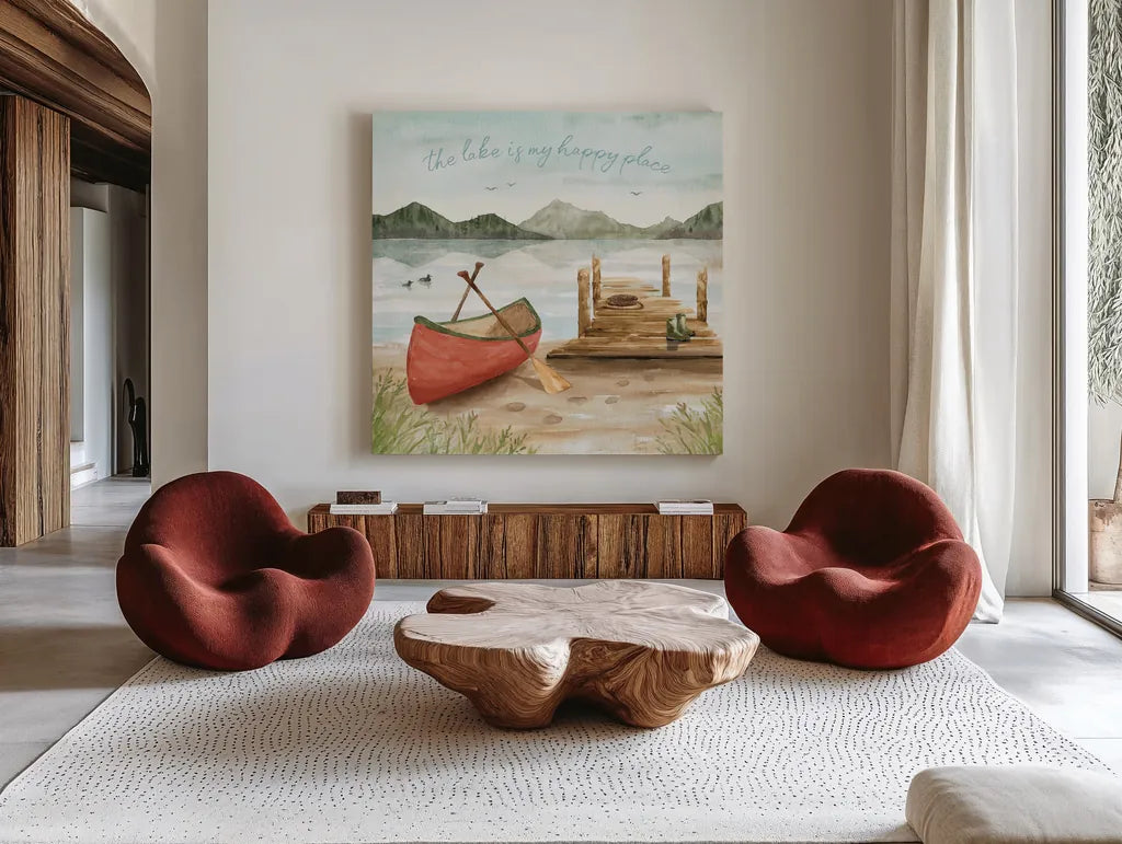 Lake Love III by Dina June. Shown as extra-large giant wall art in a modern living room. Available as an archival giclee rolled canvas, fine art paper, or poster print. SKU 67272a.