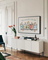 Lake Love IV by Dina June. shown as a framed stretched canvas in a living room above a console. Available as a archival giclee rolled canvas, fine art paper, or poster print. SKU 67273i.