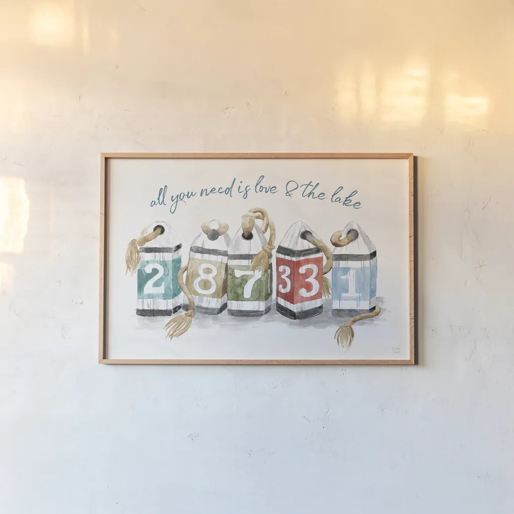 Lake Love IV by Dina June. shown as a paper print in a natural frame. Available as a archival giclee rolled canvas, fine art paper, or poster print. SKU 67273i.