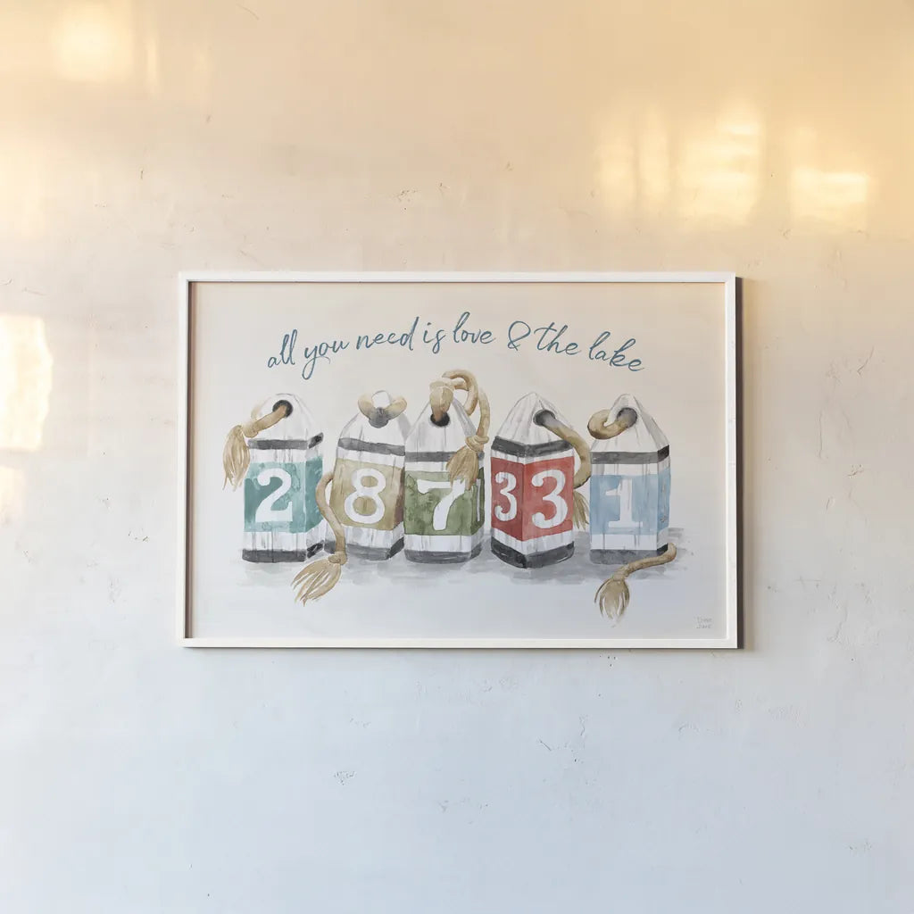 Lake Love IV by Dina June. shown as a paper print in a white frame. Available as a archival giclee rolled canvas, fine art paper, or poster print. SKU 67273i.