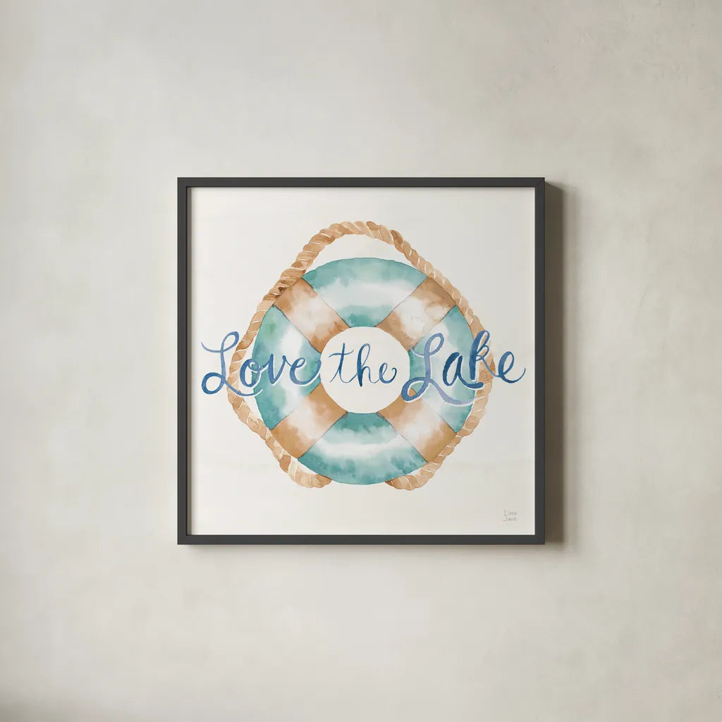 Lake Love VI by Dina June. Shown in a sleek black glass frame for a contemporary gallery look. Available as an archival giclee rolled canvas, fine art paper, or poster print. SKU 67275a.