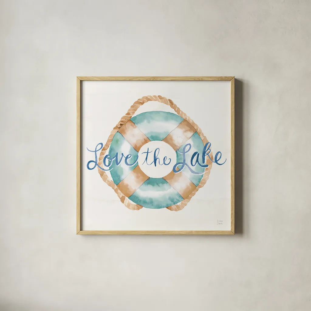 Lake Love VI by Dina June. Shown in a natural wood glass frame for a timeless modern aesthetic. Available as an archival giclee rolled canvas, fine art paper, or poster print. SKU 67275a.