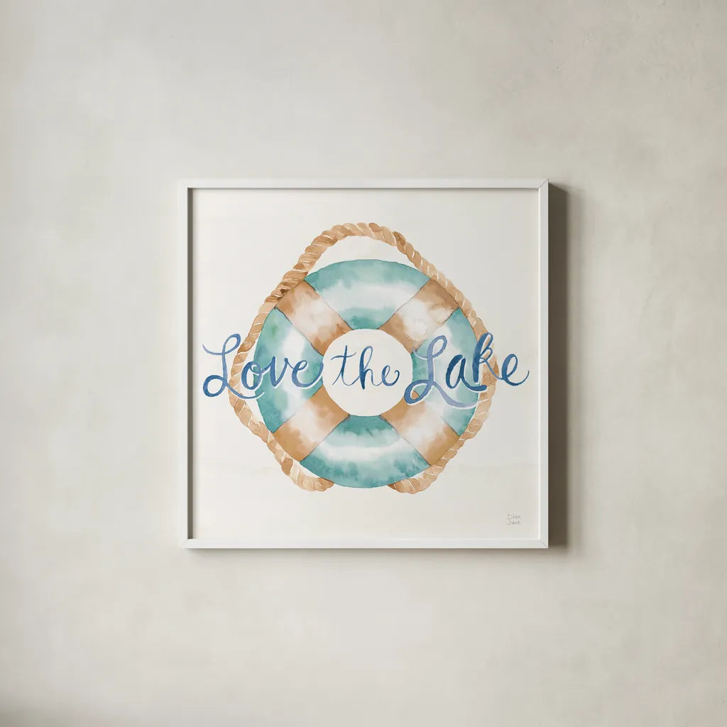 Lake Love VI by Dina June. Shown in a crisp white glass frame for a clean and minimalist style. Available as an archival giclee rolled canvas, fine art paper, or poster print. SKU 67275a.