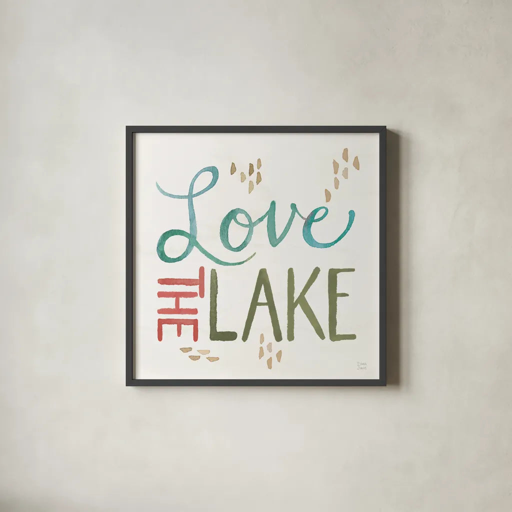 Lake Love VII by Dina June. Shown in a sleek black glass frame for a contemporary gallery look. Available as an archival giclee rolled canvas, fine art paper, or poster print. SKU 67276a.