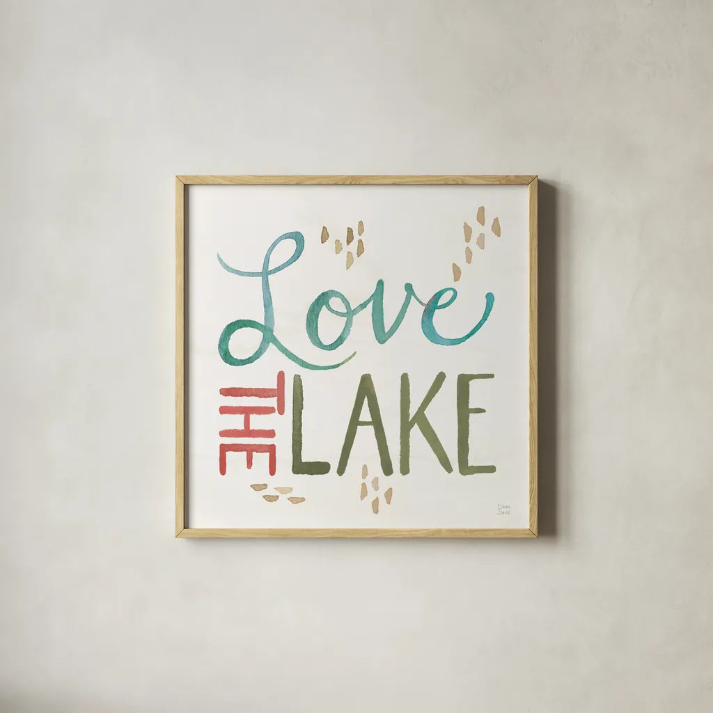 Lake Love VII by Dina June. Shown in a natural wood glass frame for a timeless modern aesthetic. Available as an archival giclee rolled canvas, fine art paper, or poster print. SKU 67276a.