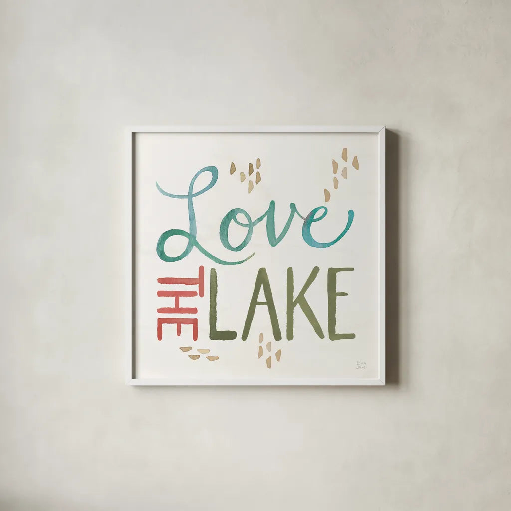 Lake Love VII by Dina June. Shown in a crisp white glass frame for a clean and minimalist style. Available as an archival giclee rolled canvas, fine art paper, or poster print. SKU 67276a.