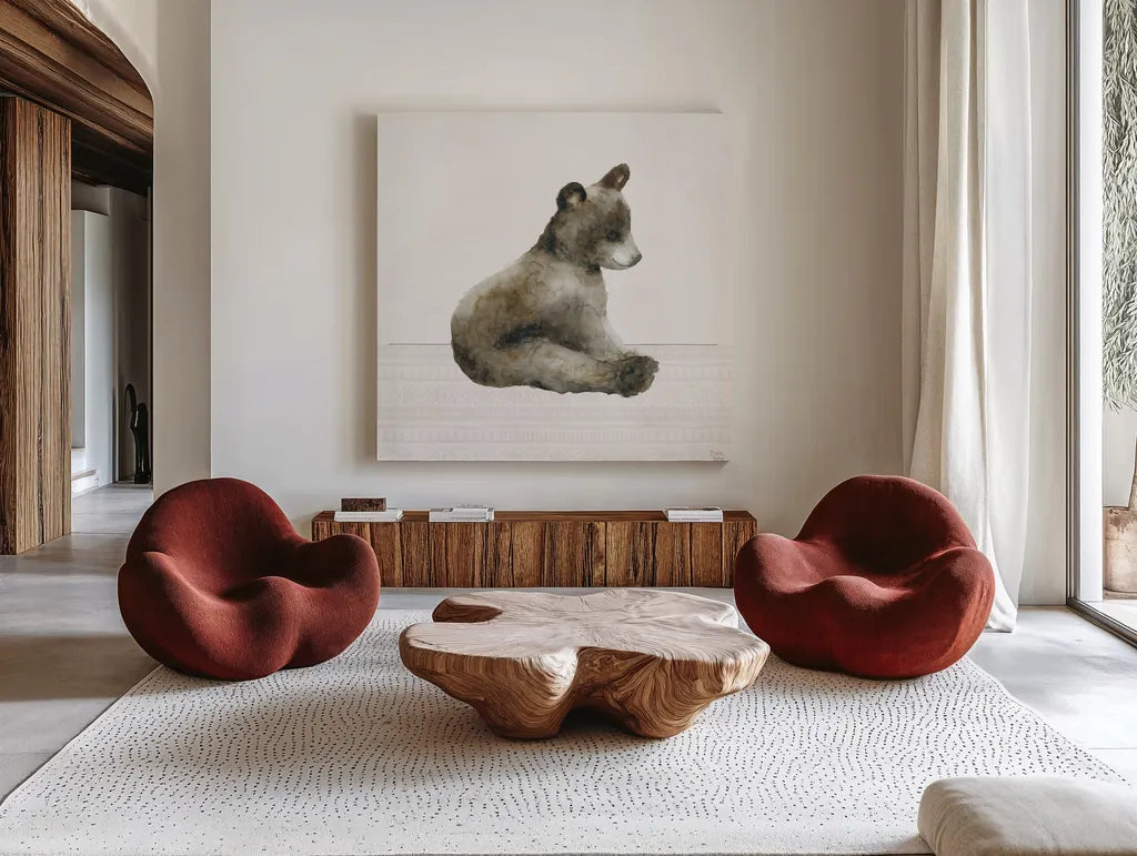 Little Animals I by Dina June. Shown as extra-large giant wall art in a modern living room. Available as an archival giclee rolled canvas, fine art paper, or poster print. SKU 90259a.