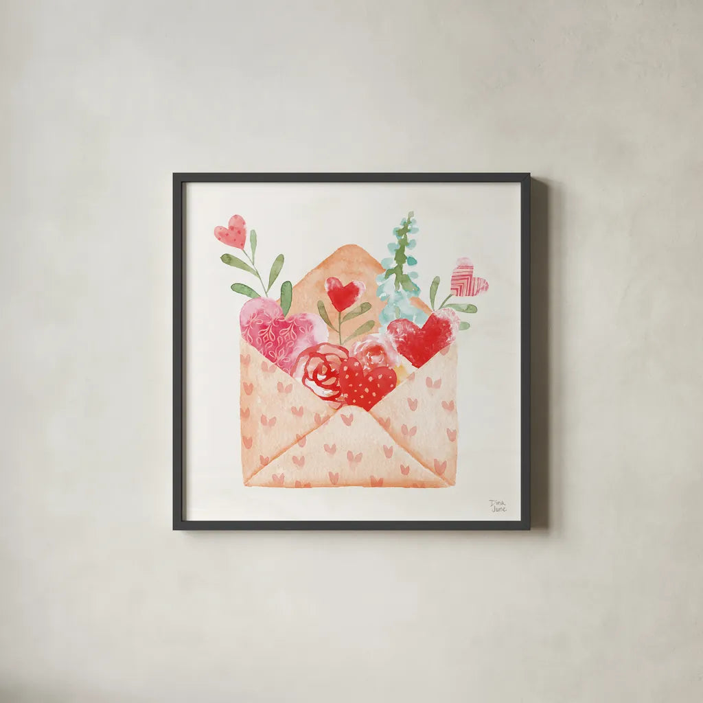 Love Always I by Dina June. Shown in a sleek black glass frame for a contemporary gallery look. Available as an archival giclee rolled canvas, fine art paper, or poster print. SKU 74064a.