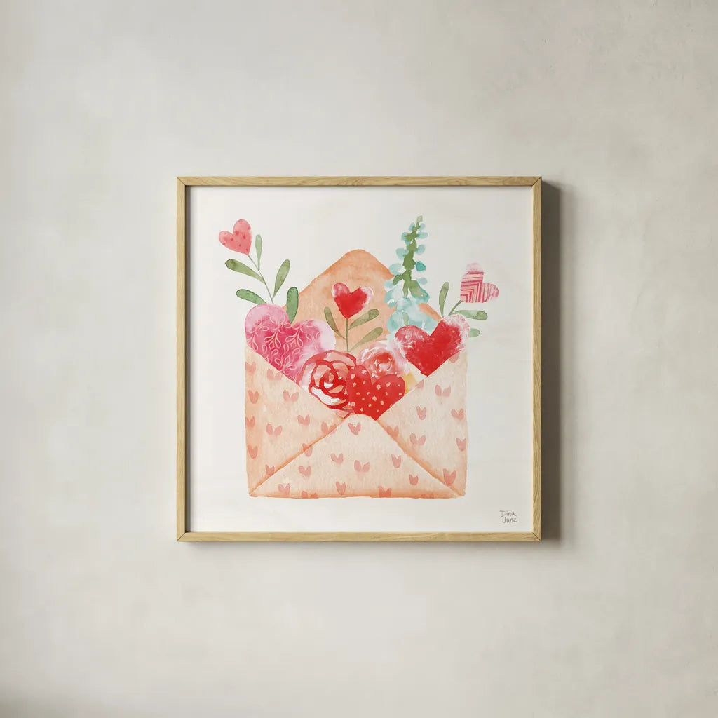 Love Always I by Dina June. Shown in a natural wood glass frame for a timeless modern aesthetic. Available as an archival giclee rolled canvas, fine art paper, or poster print. SKU 74064a.