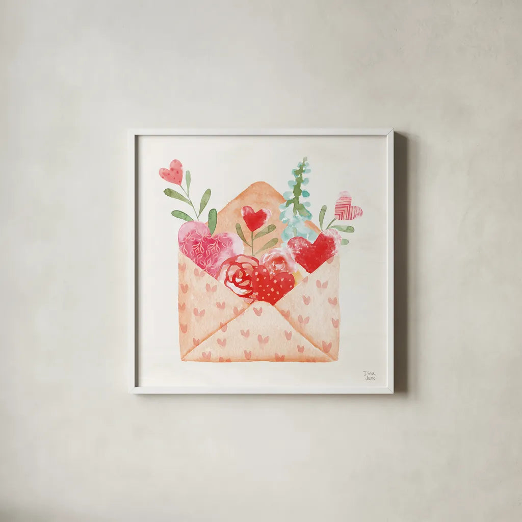 Love Always I by Dina June. Shown in a crisp white glass frame for a clean and minimalist style. Available as an archival giclee rolled canvas, fine art paper, or poster print. SKU 74064a.