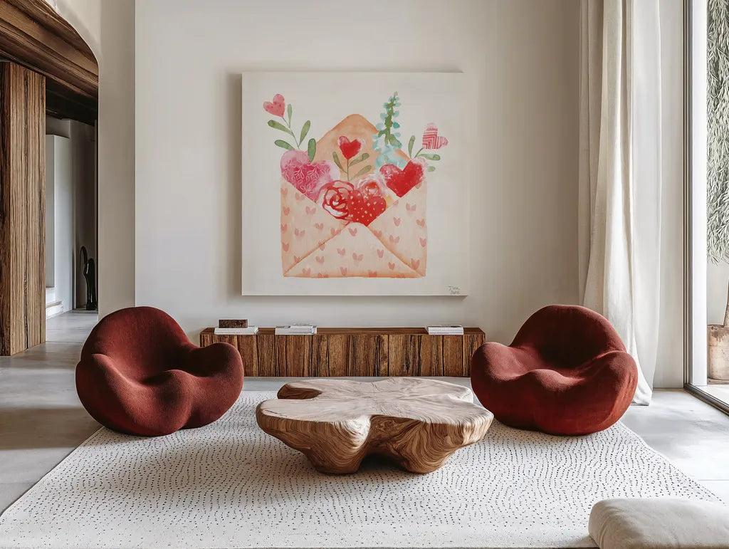 Love Always I by Dina June. Shown as extra-large giant wall art in a modern living room. Available as an archival giclee rolled canvas, fine art paper, or poster print. SKU 74064a.