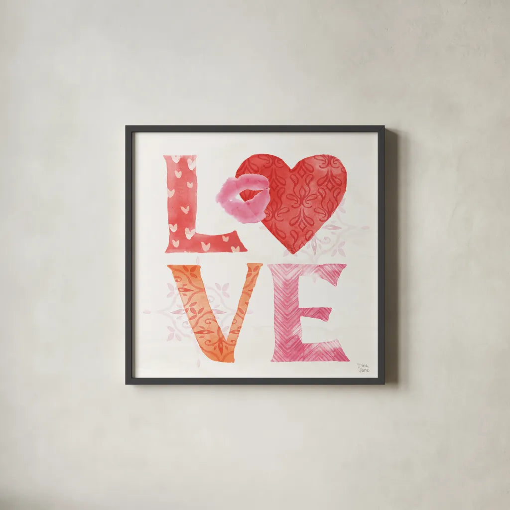 Love Always III by Dina June. Shown in a sleek black glass frame for a contemporary gallery look. Available as an archival giclee rolled canvas, fine art paper, or poster print. SKU 74066a.