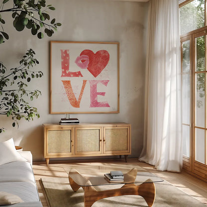 Love Always III by Dina June. Shown in a natural wood frame in a cozy modern living room. Available as an archival giclee rolled canvas, fine art paper, or poster print. SKU 74066a.