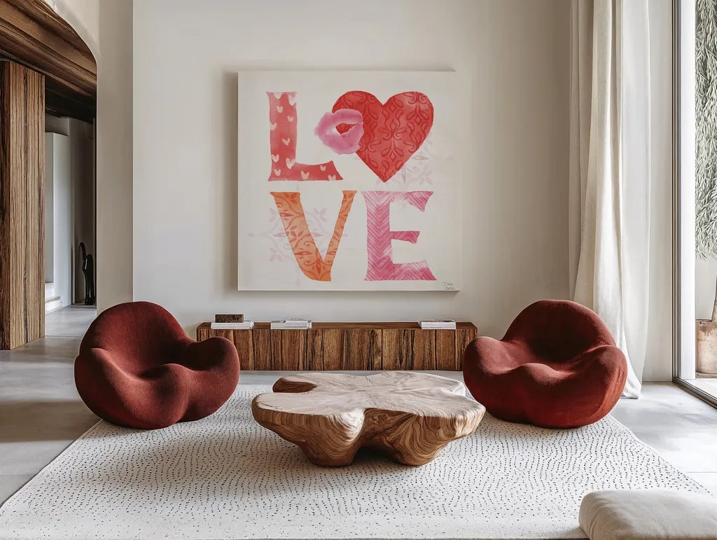 Love Always III by Dina June. Shown as extra-large giant wall art in a modern living room. Available as an archival giclee rolled canvas, fine art paper, or poster print. SKU 74066a.