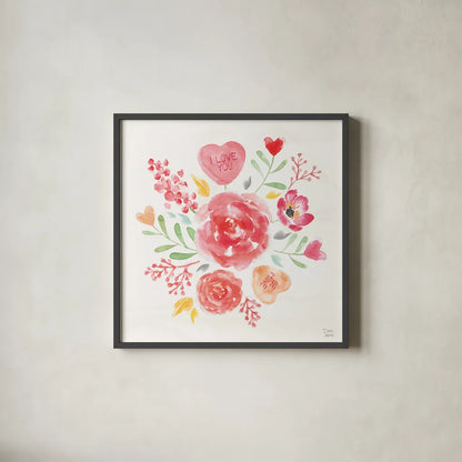 Love Always IV by Dina June. Shown in a sleek black glass frame for a contemporary gallery look. Available as an archival giclee rolled canvas, fine art paper, or poster print. SKU 74067a.