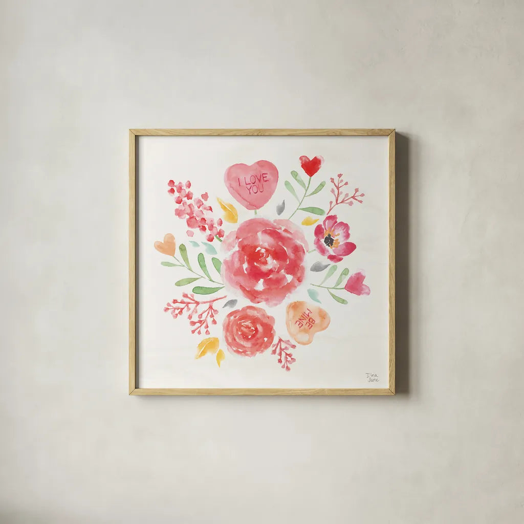Love Always IV by Dina June. Shown in a natural wood glass frame for a timeless modern aesthetic. Available as an archival giclee rolled canvas, fine art paper, or poster print. SKU 74067a.