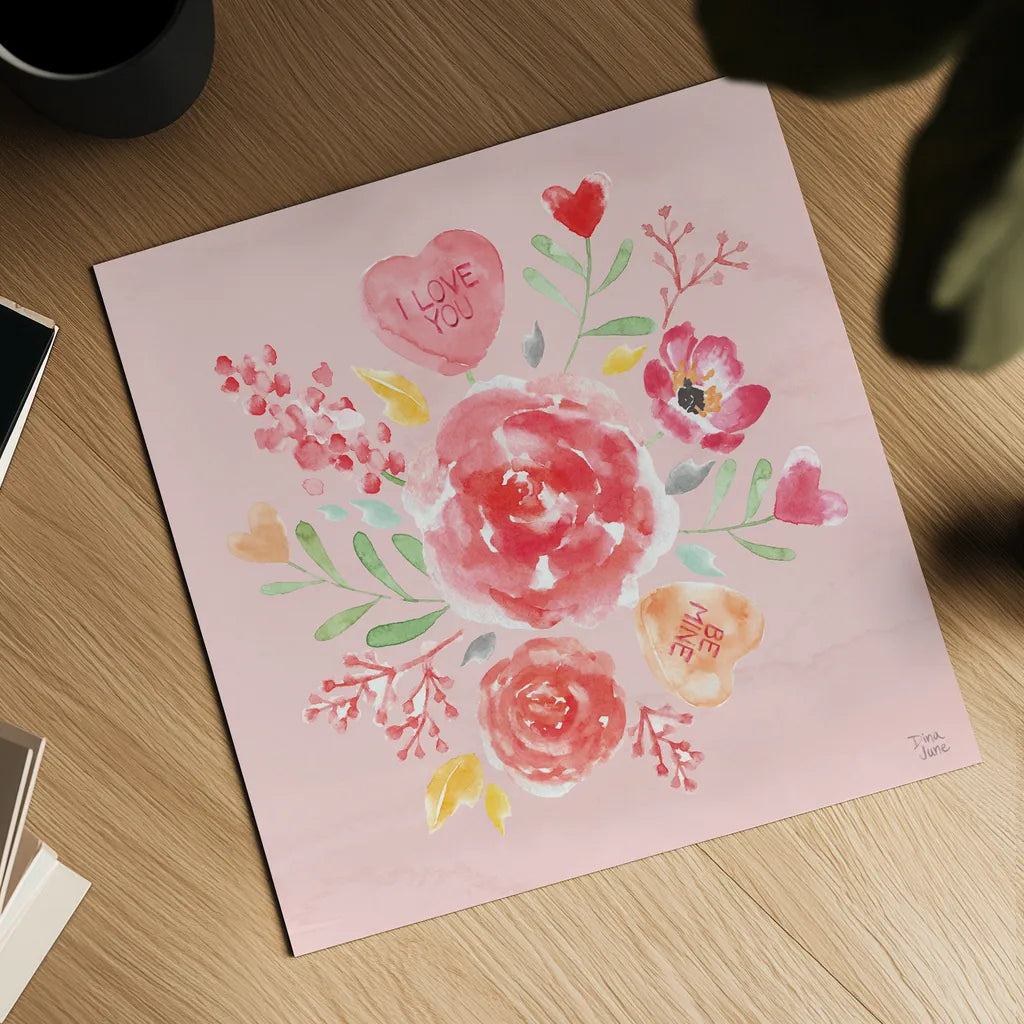Love Always IV Pink by Dina June. Shown as a detailed flat fine art print, highlighting archival giclee quality. Available as an archival giclee rolled canvas, fine art paper, or poster print. SKU 76447a.