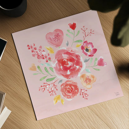 Love Always IV Pink by Dina June. Shown as a detailed flat fine art print, highlighting archival giclee quality. Available as an archival giclee rolled canvas, fine art paper, or poster print. SKU 76447a.