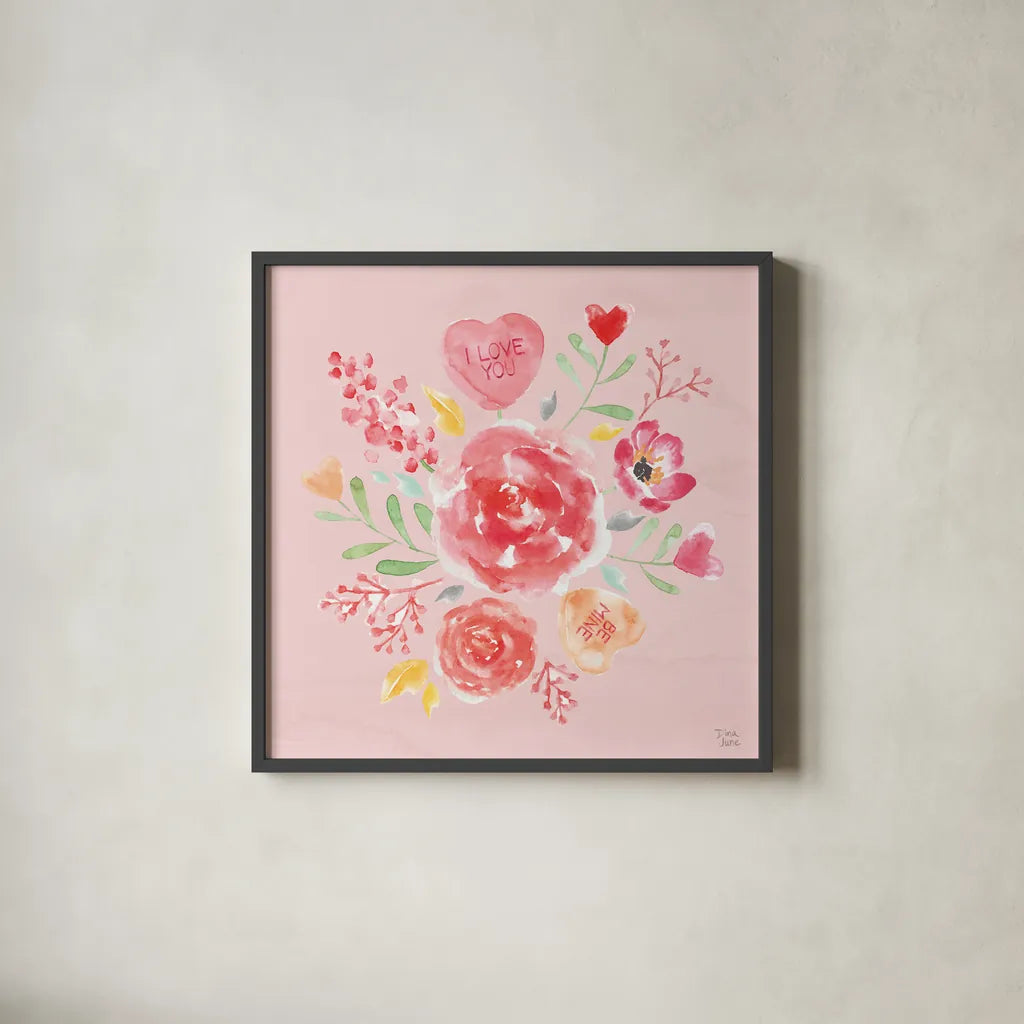 Love Always IV Pink by Dina June. Shown in a sleek black glass frame for a contemporary gallery look. Available as an archival giclee rolled canvas, fine art paper, or poster print. SKU 76447a.
