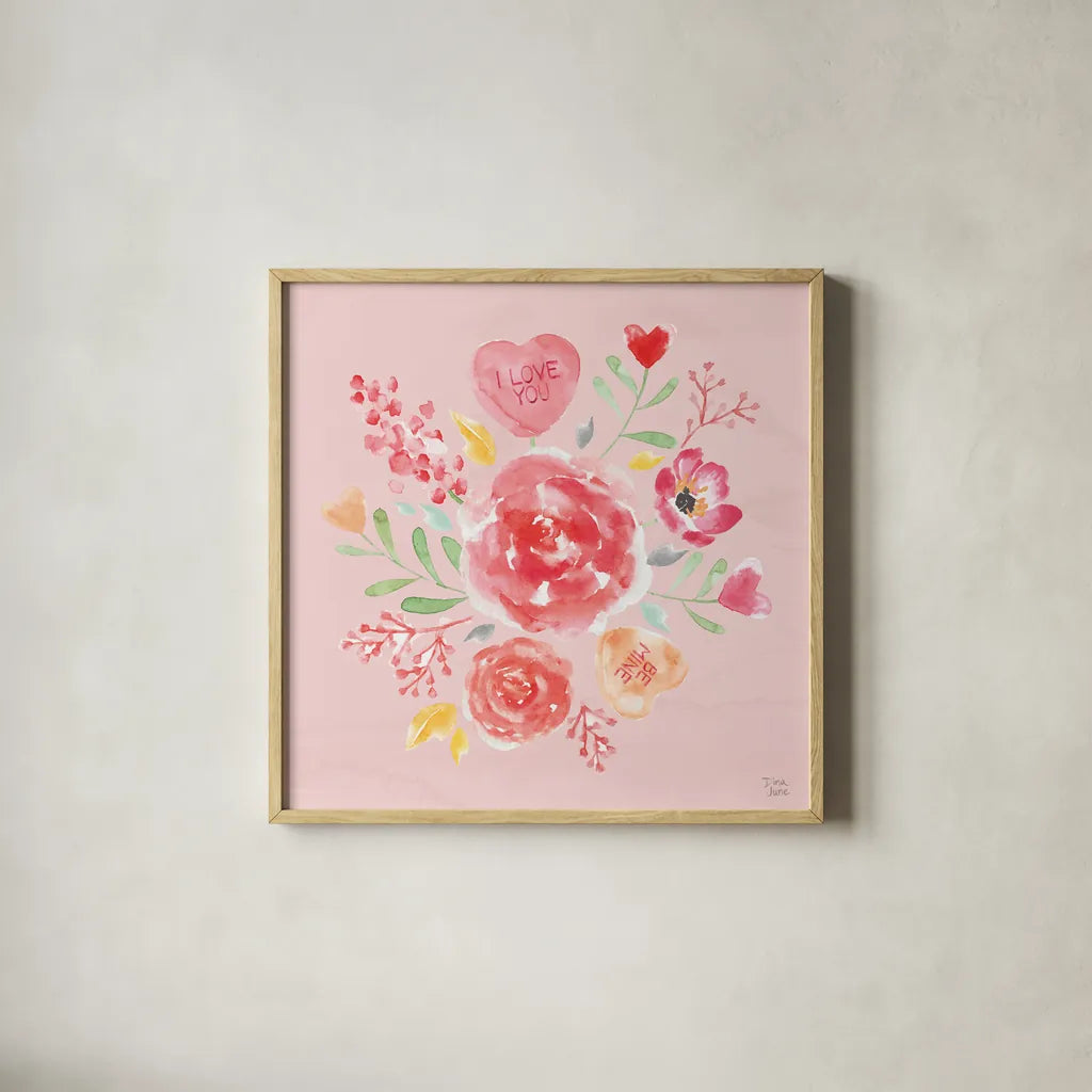Love Always IV Pink by Dina June. Shown in a natural wood glass frame for a timeless modern aesthetic. Available as an archival giclee rolled canvas, fine art paper, or poster print. SKU 76447a.