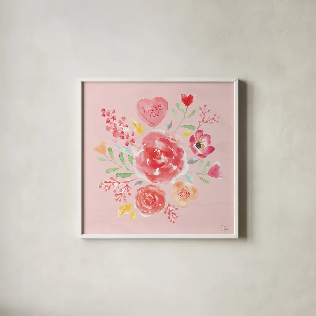Love Always IV Pink by Dina June. Shown in a crisp white glass frame for a clean and minimalist style. Available as an archival giclee rolled canvas, fine art paper, or poster print. SKU 76447a.