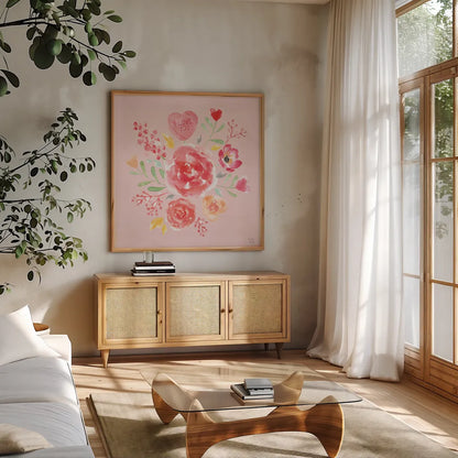 Love Always IV Pink by Dina June. Shown in a natural wood frame in a cozy modern living room. Available as an archival giclee rolled canvas, fine art paper, or poster print. SKU 76447a.
