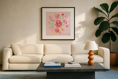 Love Always IV Pink by Dina June. Displayed in a glass frame with matte in a clean modern living room. Available as an archival giclee rolled canvas, fine art paper, or poster print. SKU 76447a.