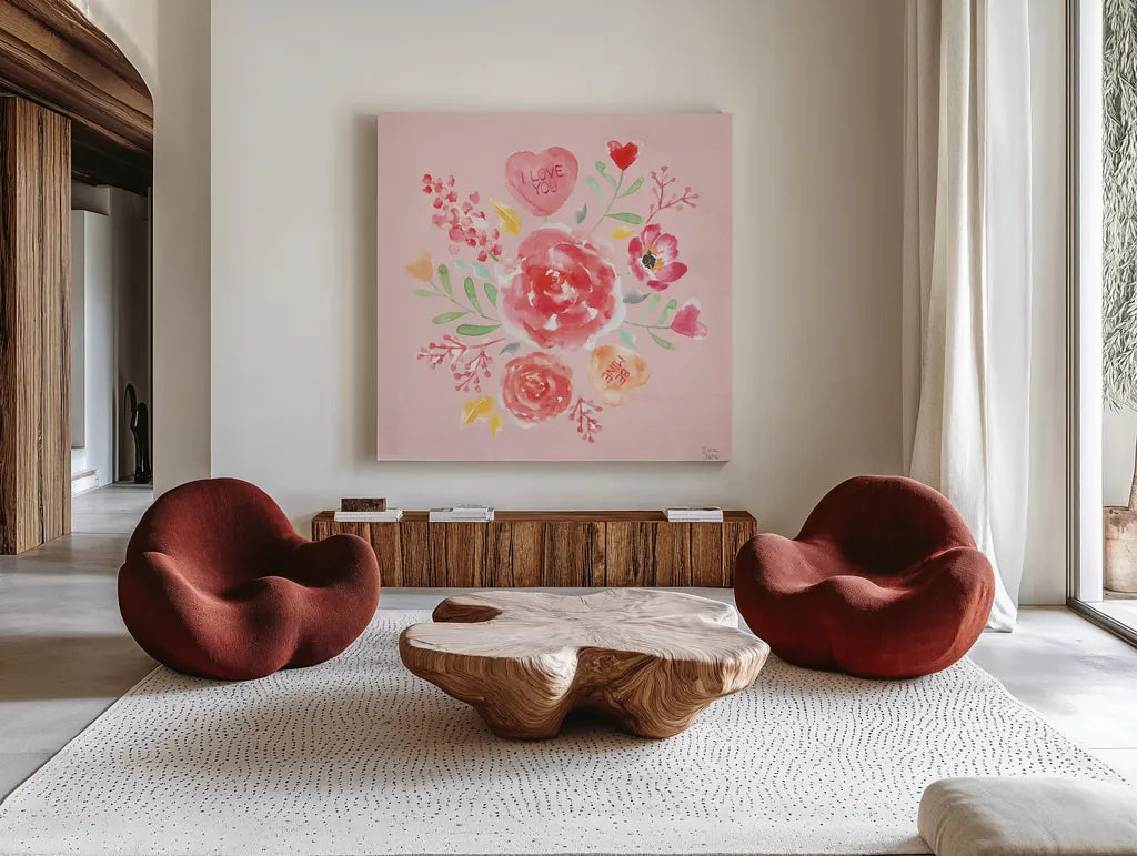 Love Always IV Pink by Dina June. Shown as extra-large giant wall art in a modern living room. Available as an archival giclee rolled canvas, fine art paper, or poster print. SKU 76447a.