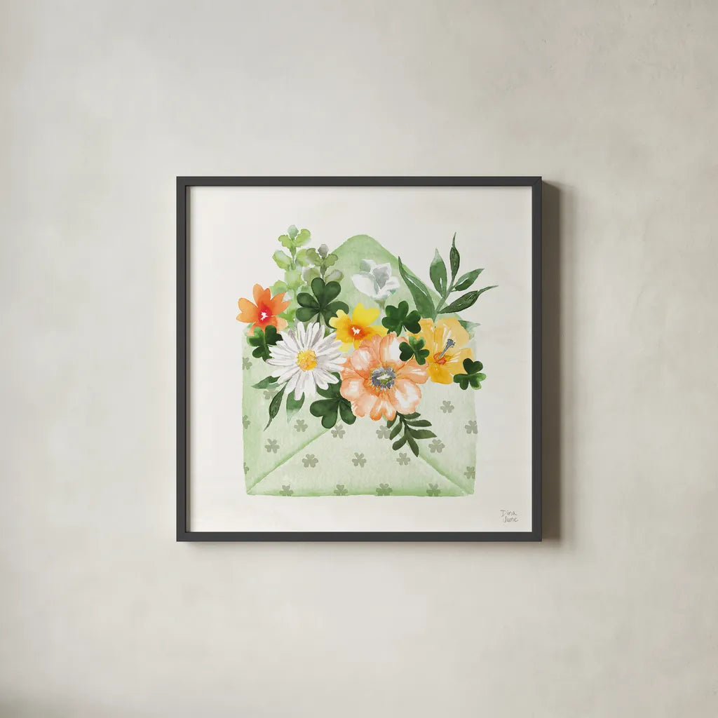 Lucky Charm I by Dina June. Shown in a sleek black glass frame for a contemporary gallery look. Available as an archival giclee rolled canvas, fine art paper, or poster print. SKU 74634a.