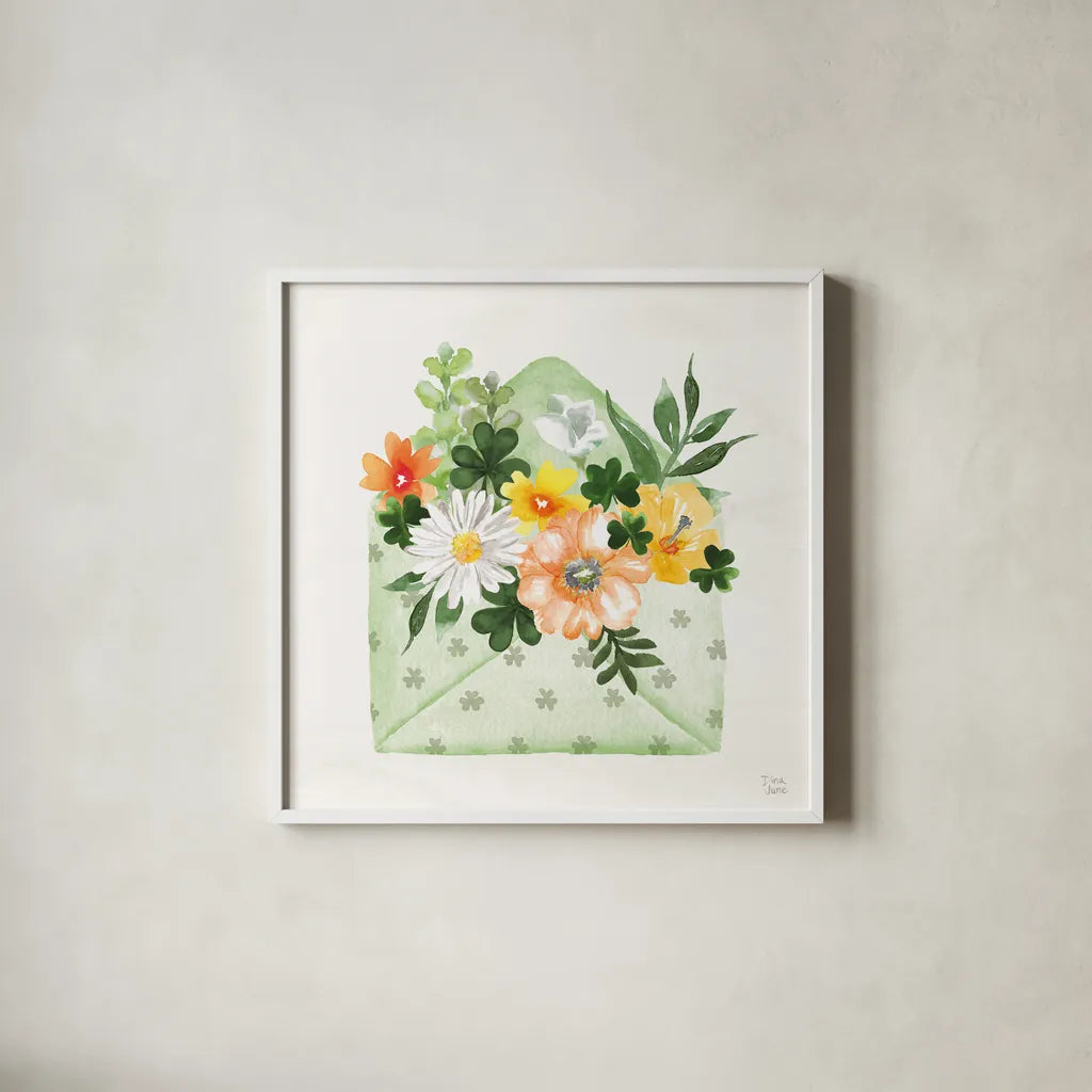 Lucky Charm I by Dina June. Shown in a crisp white glass frame for a clean and minimalist style. Available as an archival giclee rolled canvas, fine art paper, or poster print. SKU 74634a.