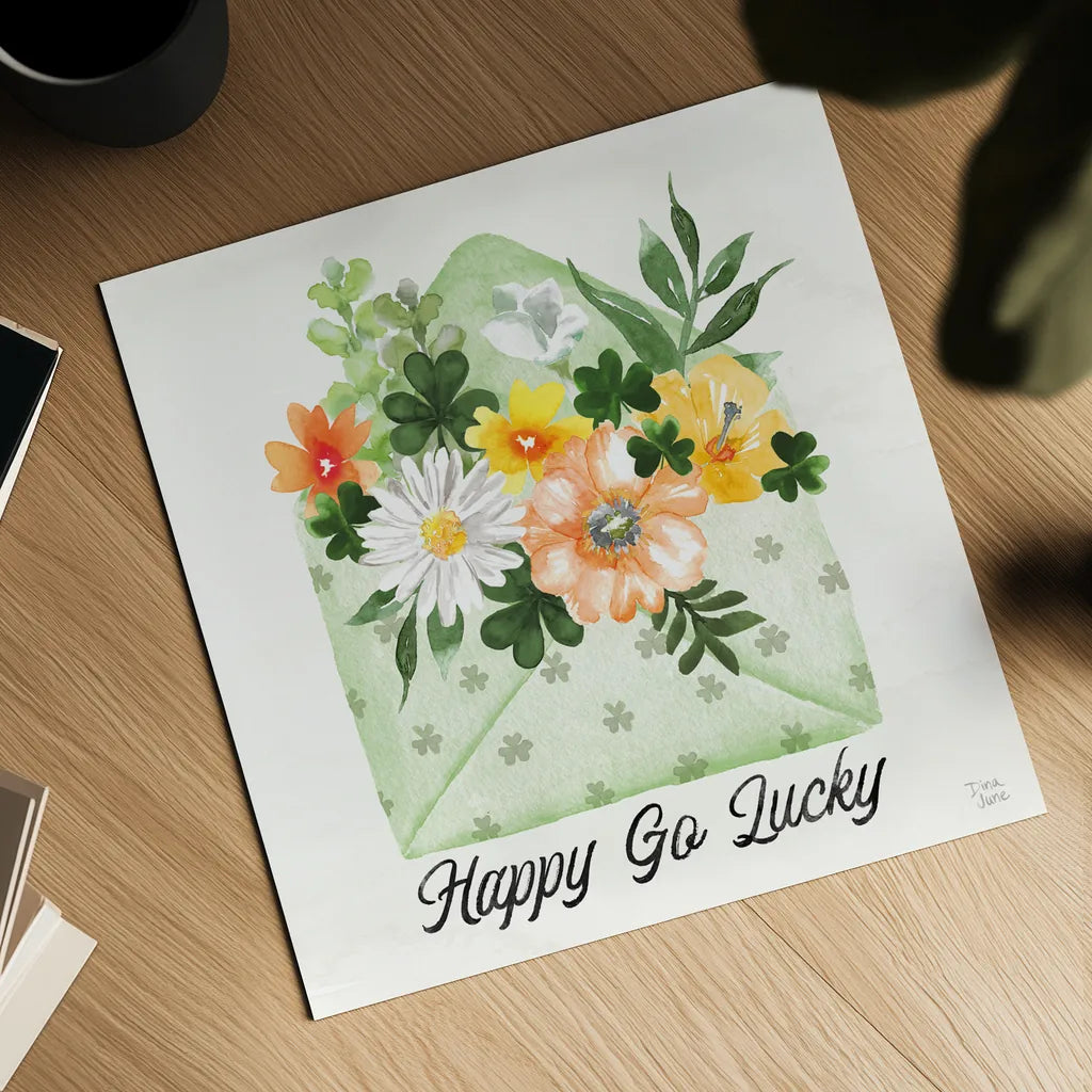 Lucky Charm I Happy by Dina June. Shown as a detailed flat fine art print, highlighting archival giclee quality. Available as an archival giclee rolled canvas, fine art paper, or poster print. SKU 89671a.