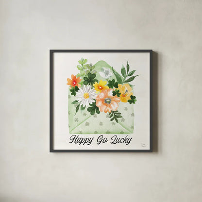 Lucky Charm I Happy by Dina June. Shown in a sleek black glass frame for a contemporary gallery look. Available as an archival giclee rolled canvas, fine art paper, or poster print. SKU 89671a.