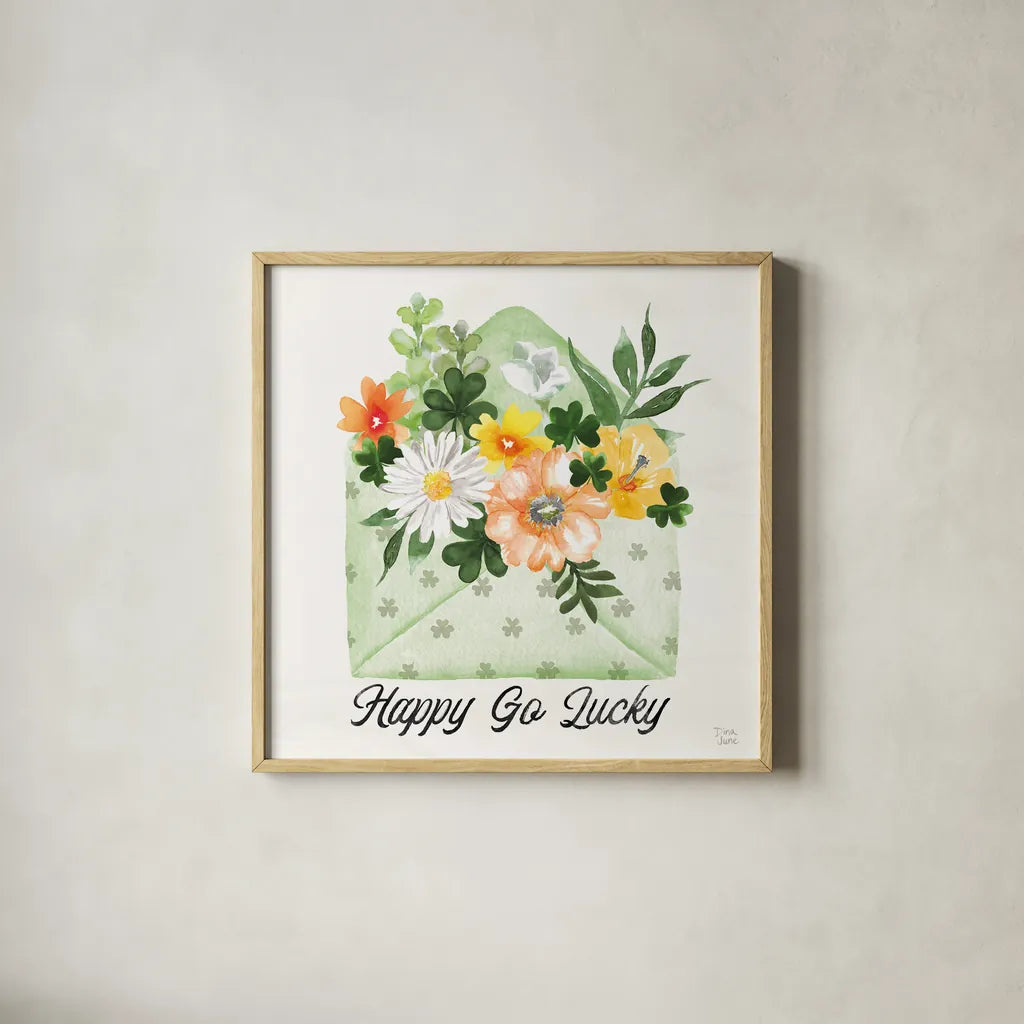 Lucky Charm I Happy by Dina June. Shown in a natural wood glass frame for a timeless modern aesthetic. Available as an archival giclee rolled canvas, fine art paper, or poster print. SKU 89671a.