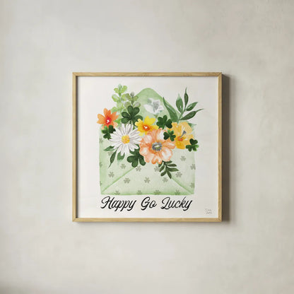 Lucky Charm I Happy by Dina June. Shown in a natural wood glass frame for a timeless modern aesthetic. Available as an archival giclee rolled canvas, fine art paper, or poster print. SKU 89671a.