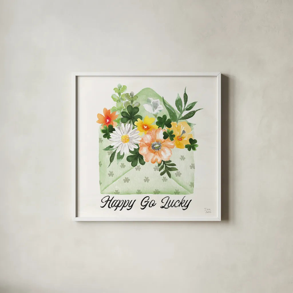Lucky Charm I Happy by Dina June. Shown in a crisp white glass frame for a clean and minimalist style. Available as an archival giclee rolled canvas, fine art paper, or poster print. SKU 89671a.