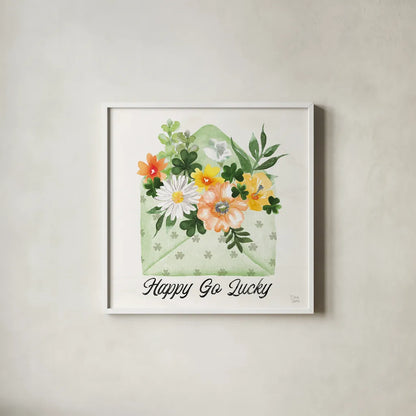 Lucky Charm I Happy by Dina June. Shown in a crisp white glass frame for a clean and minimalist style. Available as an archival giclee rolled canvas, fine art paper, or poster print. SKU 89671a.