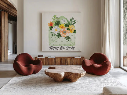Lucky Charm I Happy by Dina June. Shown as extra-large giant wall art in a modern living room. Available as an archival giclee rolled canvas, fine art paper, or poster print. SKU 89671a.