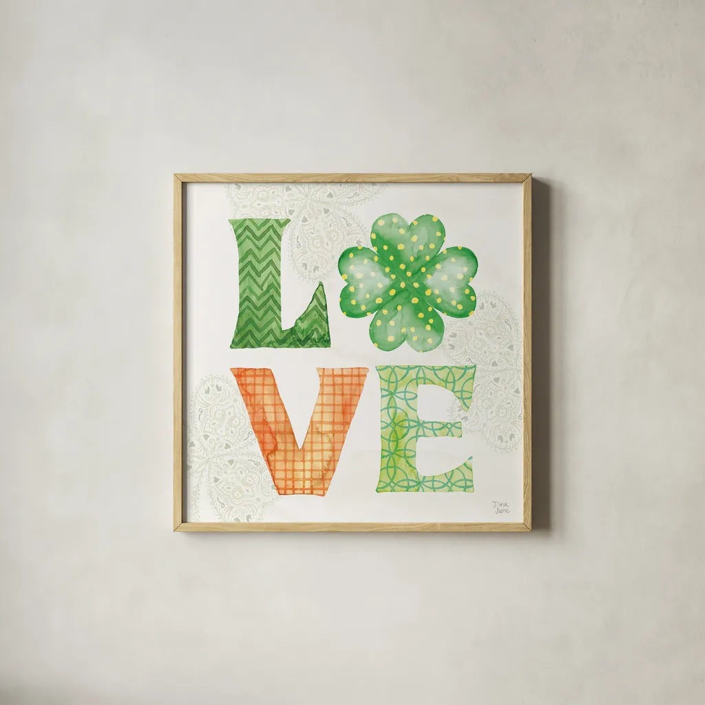 Lucky Charm II by Dina June. Shown in a natural wood glass frame for a timeless modern aesthetic. Available as an archival giclee rolled canvas, fine art paper, or poster print. SKU 74635a.