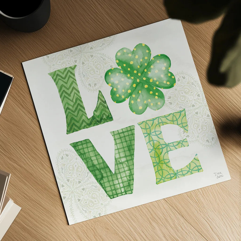 Lucky Charm II Green by Dina June. Shown as a detailed flat fine art print, highlighting archival giclee quality. Available as an archival giclee rolled canvas, fine art paper, or poster print. SKU 89672a.