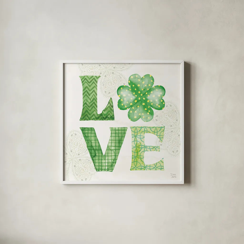 Lucky Charm II Green by Dina June. Shown in a crisp white glass frame for a clean and minimalist style. Available as an archival giclee rolled canvas, fine art paper, or poster print. SKU 89672a.