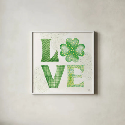 Lucky Charm II Green by Dina June. Shown in a crisp white glass frame for a clean and minimalist style. Available as an archival giclee rolled canvas, fine art paper, or poster print. SKU 89672a.