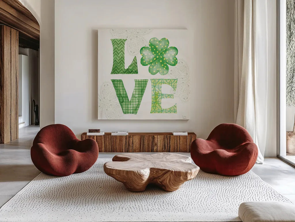 Lucky Charm II Green by Dina June. Shown as extra-large giant wall art in a modern living room. Available as an archival giclee rolled canvas, fine art paper, or poster print. SKU 89672a.